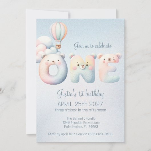 男の赤ちゃん第1の誕生日テディベア気球雲 招待状 (正面)