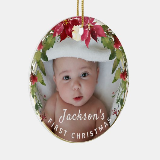 男の赤ちゃん第1クリスマスホリーリースフォトキープサケ セラミックオーナメント (右)