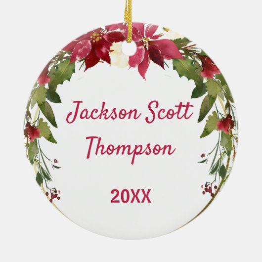 男の赤ちゃん第1クリスマスホリーリースフォトキープサケ セラミックオーナメント (裏面)