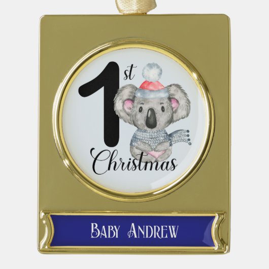 男の赤ちゃん第1回クリスマスシーズンコアラ記念 ゴールドプレートバナーオーナメント (正面)