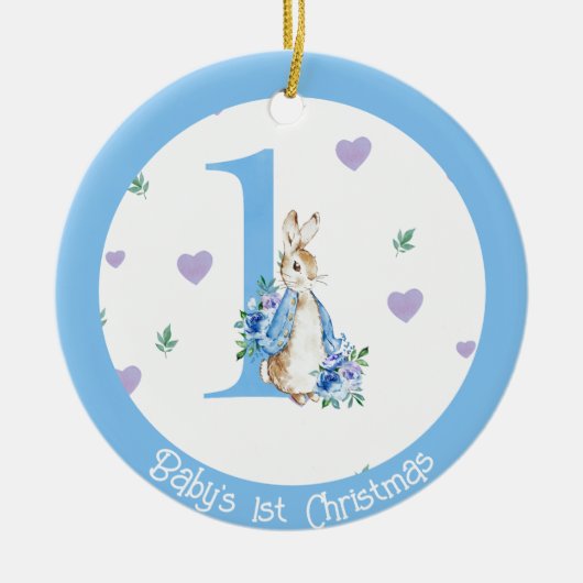 男の赤ちゃん第1回クリスマスフォトデコレーションウサギ セラミックオーナメント (正面)