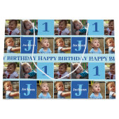 男の赤ちゃん第1誕生日かわいいブルーフォトコラージュ ラージペーパーバッグ (正面)