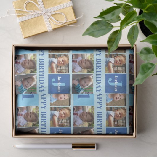 男の赤ちゃん第1誕生日かわいいブルーフォトコラージュ 薄葉紙 (ギフト)