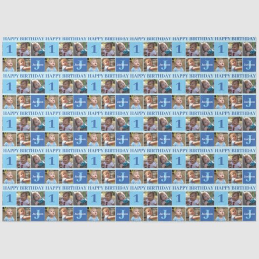 男の赤ちゃん第1誕生日かわいいブルーフォトコラージュ 薄葉紙 (正面)