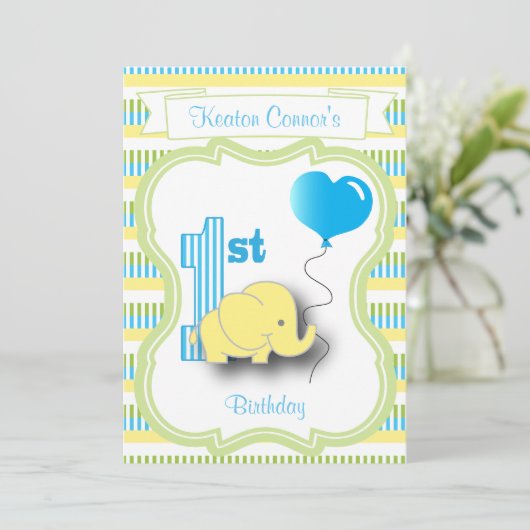 男の赤ちゃん第1誕生日パーティーとベビー象 招待状 (スタンド正面)