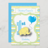 男の赤ちゃん第1誕生日パーティーとベビー象 招待状 (正面/裏面)