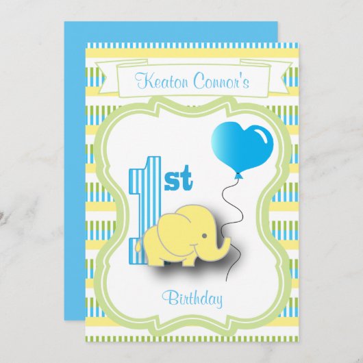 男の赤ちゃん第1誕生日パーティーとベビー象 招待状 (正面/裏面)