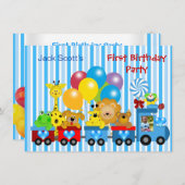 男の赤ちゃん第1誕生日第1列車の写真動物 招待状 (正面/裏面)