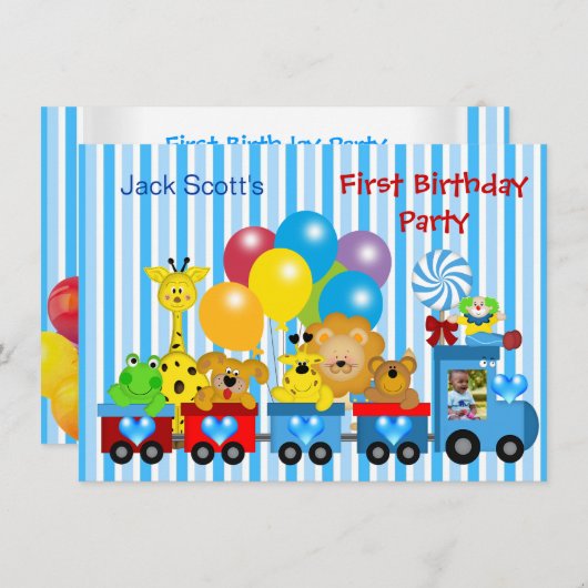 男の赤ちゃん第1誕生日第1列車の写真動物 招待状 (正面/裏面)