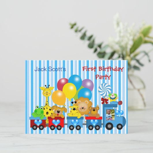 男の赤ちゃん第1誕生日第1列車の写真動物 招待状 (スタンド正面)