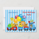 男の赤ちゃん第1誕生日第1列車の写真動物 招待状 (正面)