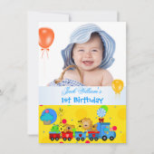 男の赤ちゃん第1誕生日第1列車ブルーイエロー 招待状 (正面)