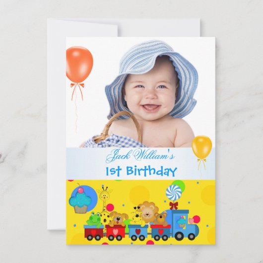 男の赤ちゃん第1誕生日第1列車ブルーイエロー 招待状 (正面)