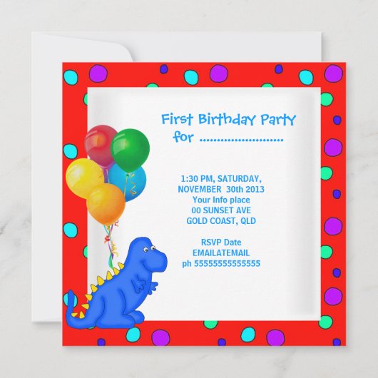男の赤ちゃん第1誕生日第1恐竜 招待状 (裏面)