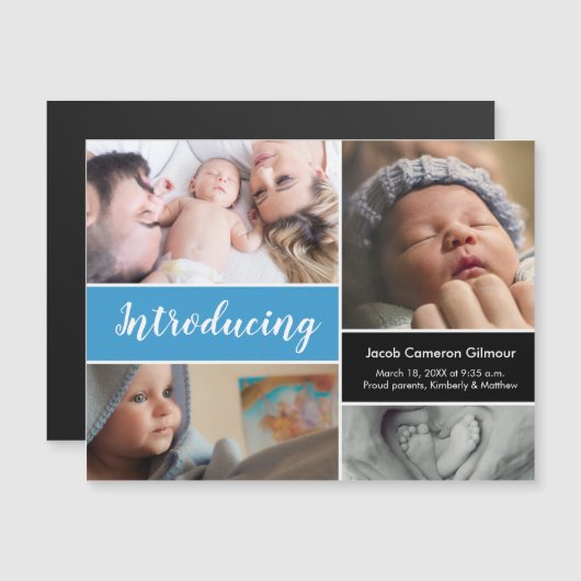男の赤ちゃん紹介スクリプトフォトコラージュ マグネット招待状 (正面/裏面)
