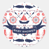 男の赤ちゃん航海のシャワーコーラルネイビーホエールタコ ラウンドシール (正面)