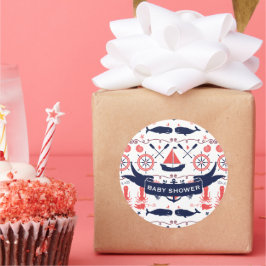 男の赤ちゃん航海のシャワーコーラルネイビーホエールタコ ラウンドシール