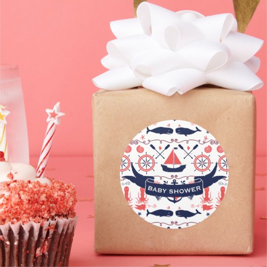 男の赤ちゃん航海のシャワーコーラルネイビーホエールタコ ラウンドシール (パーティー)