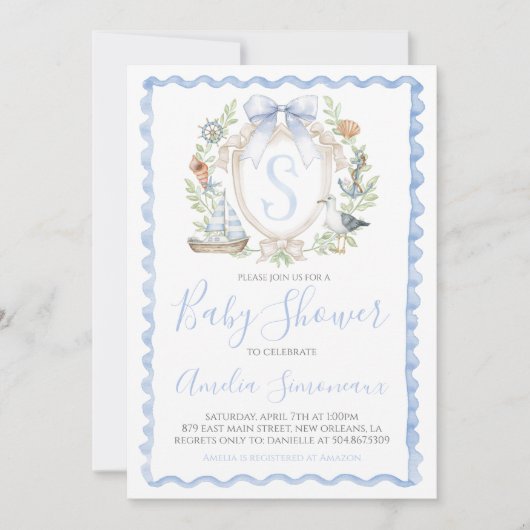 男の赤ちゃん航海のシャワ名門私立校風のーブルーセーリング 招待状 (正面)