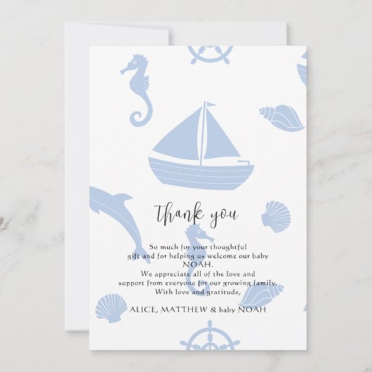 男の赤ちゃん航海のブルー赤ちゃんシャワーエレガント写真 サンキューカード (裏面)