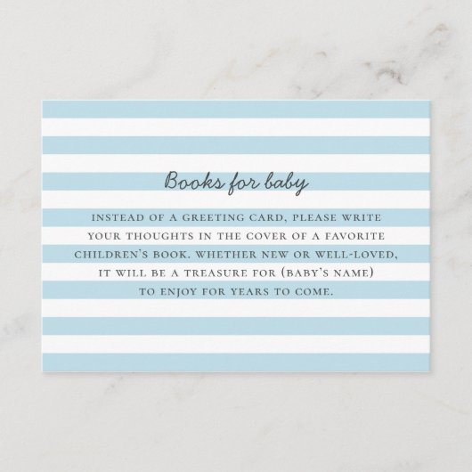 男の赤ちゃん要求の本を持って来る。青ストライプ色 エンクロージャーカード (正面)
