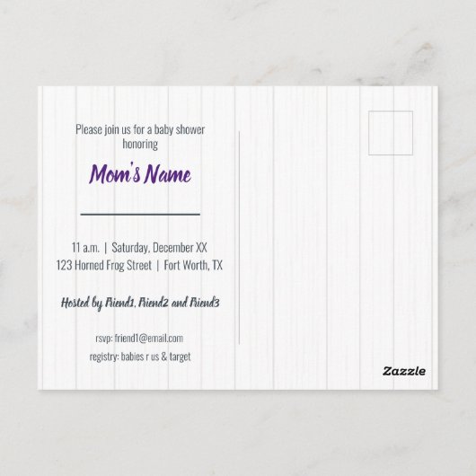 男の赤ちゃん角カエル紫ベビーシャワー招待状 ポストカード (裏面)