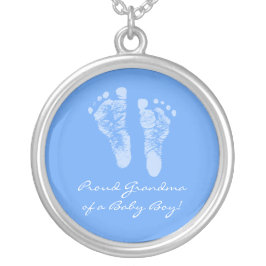 男の赤ちゃん誇りを持ったブルー足跡のおばあちゃん シルバープレートネックレス