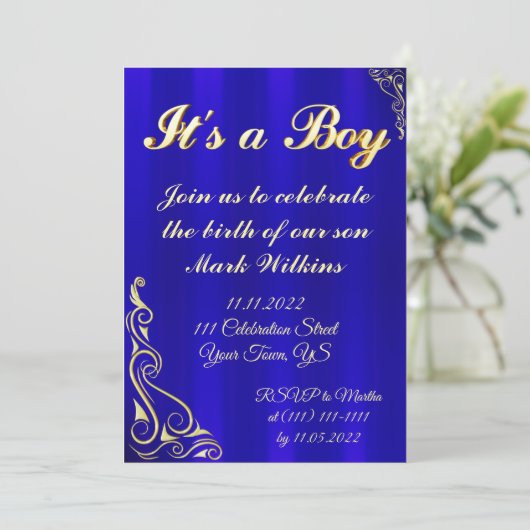 男の赤ちゃん誕生お祝い金ゴールドとブルー 招待状 (スタンド正面)