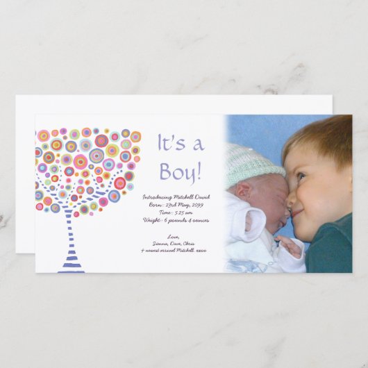 男の赤ちゃん誕生レトロツリー通知フォトカード 案内状 (正面/裏面)