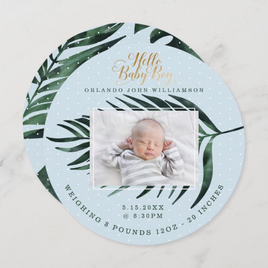 男の赤ちゃん誕生発表カードトロピカルパーム 案内状 (正面/裏面)
