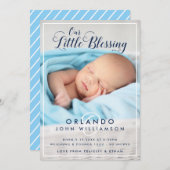 男の赤ちゃん誕生発表 |青モダンいストライプ 案内状 (正面/裏面)