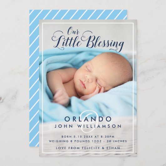 男の赤ちゃん誕生発表 |青モダンいストライプ 案内状 (正面/裏面)