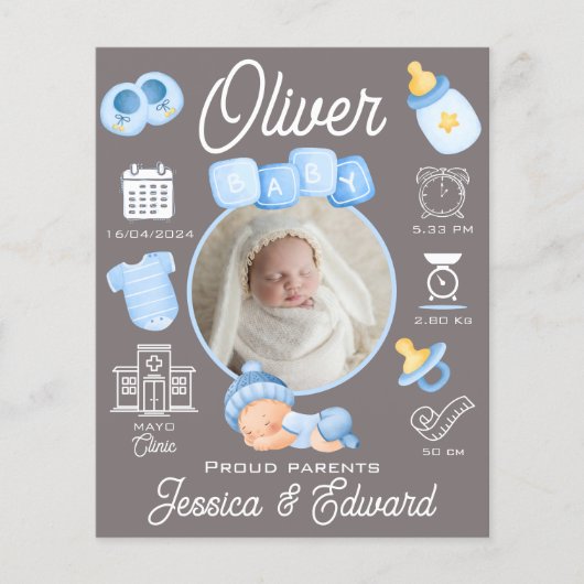 男の赤ちゃん誕生統計ブルーグレ生まれたばかりのーモダン (正面)