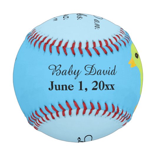 男の赤ちゃん誕生統計黄ダッキー（アヒルちゃん）スカイブルー 野球ボール (正面)