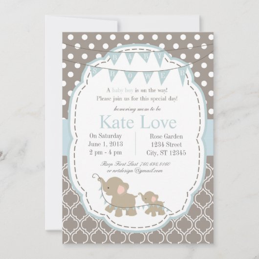男の赤ちゃん象のシャワーの招待状-青 招待状 (正面)