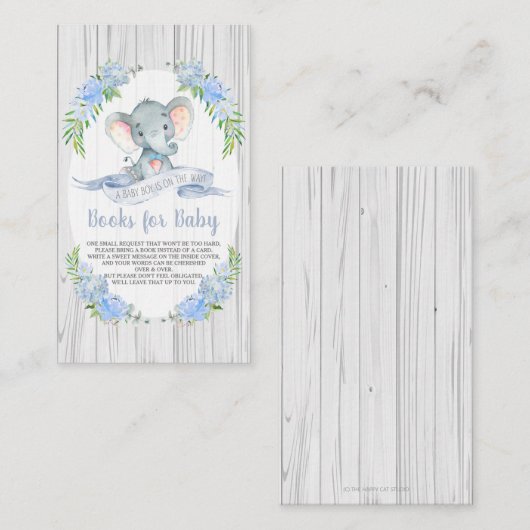 男の赤ちゃん象の赤ちゃんシャワーが本を持ってくる エンクロージャーカード (正面/裏面)
