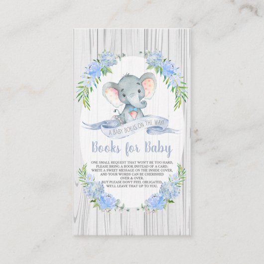 男の赤ちゃん象の赤ちゃんシャワーが本を持ってくる エンクロージャーカード (正面)