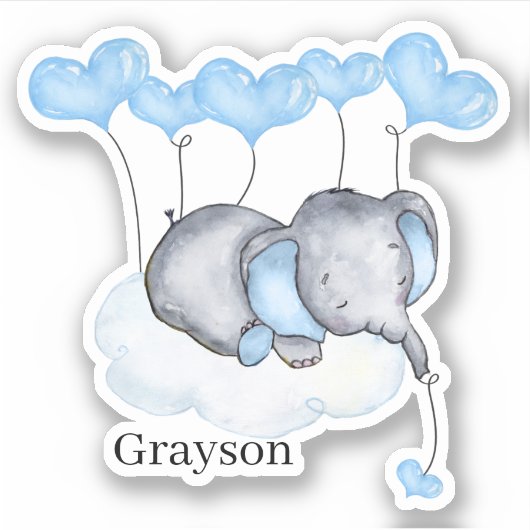 男の赤ちゃん象オンクラウドウィズブルーハートビニール シール (正面)