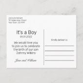 男の赤ちゃん足モダンミニマル誕生タイポグラフィ 案内ポストカード (裏面)