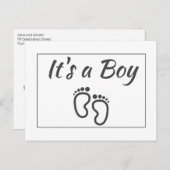 男の赤ちゃん足モダンミニマル誕生タイポグラフィ 案内ポストカード (正面/裏面)