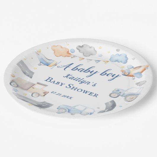 男の赤ちゃん輸送車ベビーシャワー ペーパープレート (アングル)