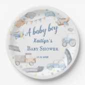 男の赤ちゃん輸送車ベビーシャワー ペーパープレート (正面)