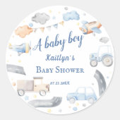 男の赤ちゃん輸送車ベビーシャワー ラウンドシール (正面)