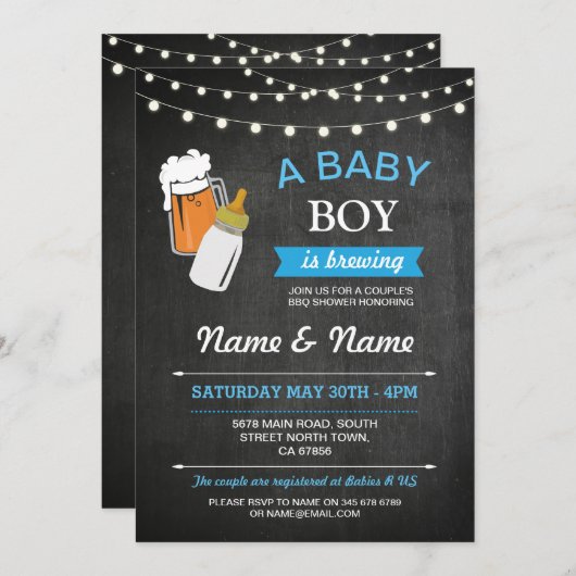 男の赤ちゃん醸造用シャワービアズブルーチョーク招待状 招待状 (正面/裏面)