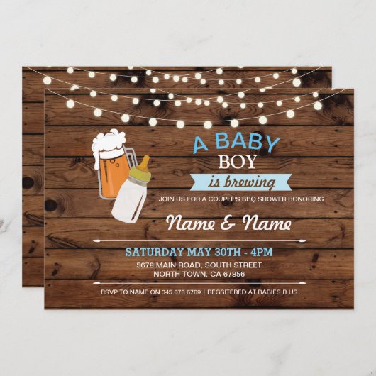 男の赤ちゃん醸造用シャワービールブルーウッド招待状 招待状 (正面/裏面)