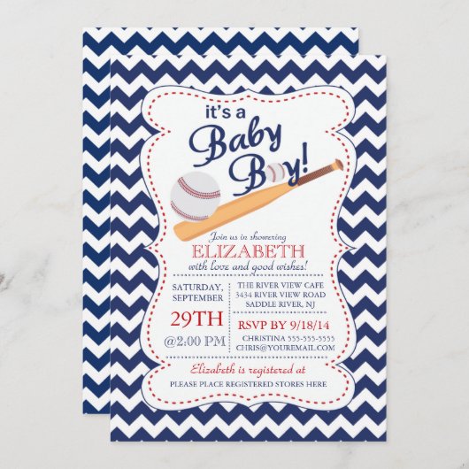 男の赤ちゃん野球のベビーシャワー 招待状 (正面/裏面)