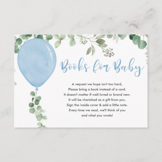 男の赤ちゃん青風船ユーカリの本 エンクロージャーカード (正面)