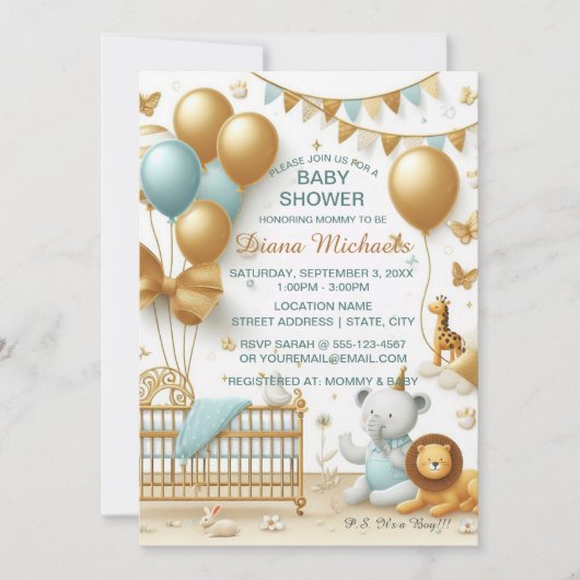 男の赤ちゃん黄金の風船とおもちゃは 招待状 (正面)