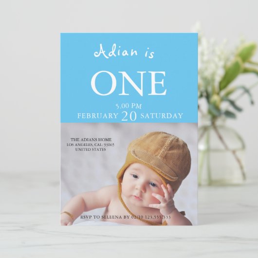 男の赤ちゃん1回目の誕生日写真 招待状 (スタンド正面)