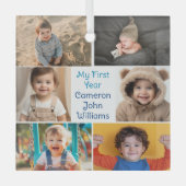 男の赤ちゃん1年目のフォトコラージュのクリスマス ガラスオーナメント (正面)